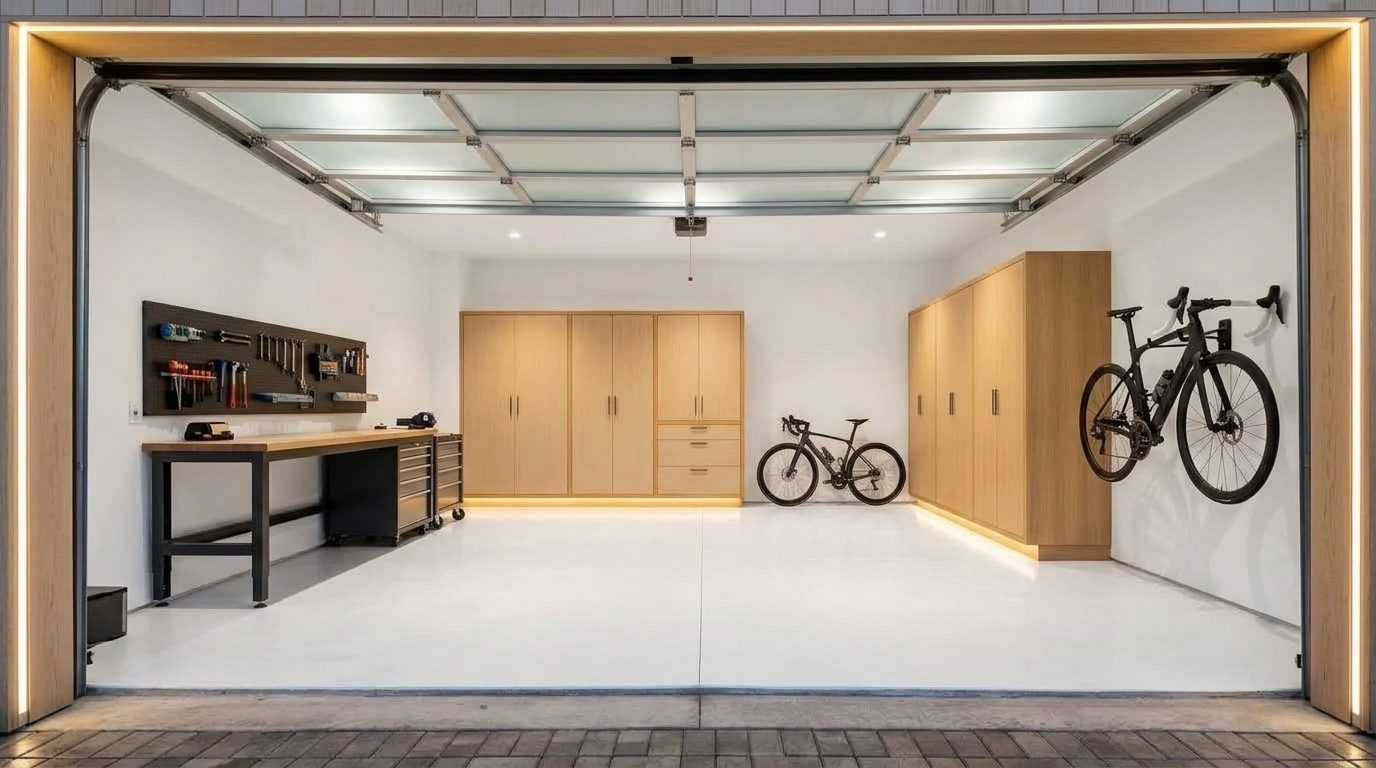 Gregory Holt Garage Door Repair Interior View of Custom Garage Door Overhead and Workshop